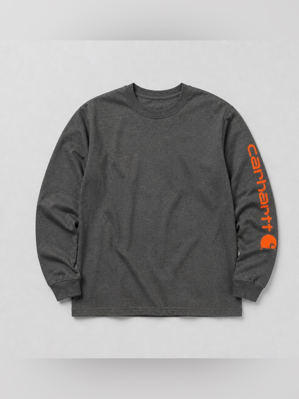 Carhartt Charcoal Long Sleeve Tee with Orange Sleeve Logo S